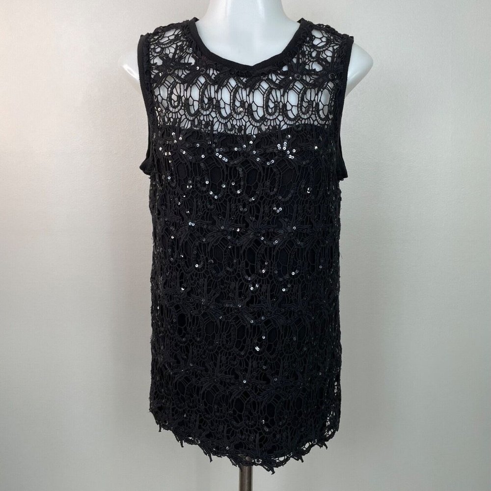 White House Black Market Tank Top Small Black Crochet Sequin Embellished Women's
